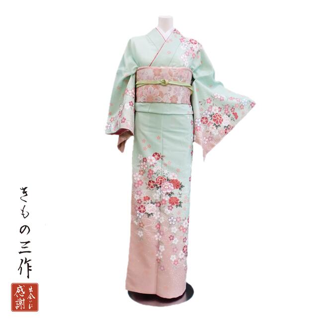 【Ｈ・Ｌ訪問着】アッシュ・エル 訪問着 レンタル 着物 フルセット 緑 ピンク 送料無料 結婚式 七五三 入学式 卒業式 入園式 卒園式 着物レンタル L-8401 レディース｜きもの三作
