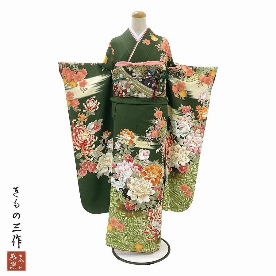 振袖 ふりそで 振袖賃借 御召しもの フルセット 貨物輸送無料 華燭の典 成年者式 御召しもの賃借 l5135 緑 名取り草 菊 晴れ晴れしい 窈窕たる ゆったり 15～23号 155～160糎