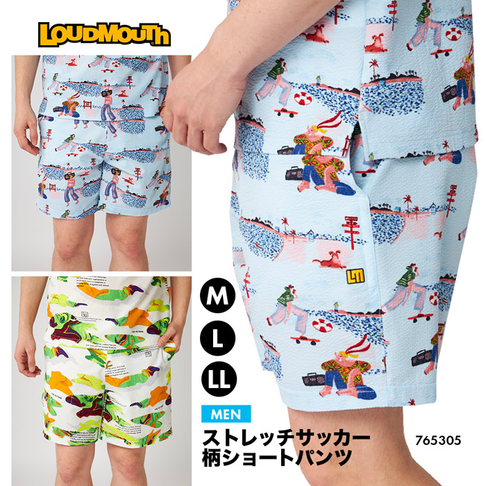 ＼クーポン配布中／ゴルフウェア ラウドマウス メンズ ニットサッカー 柄ショートパンツ ゴルフ ズボン ロゴ 吸汗速乾 UVカット ストレッチ リゾート おしゃれ LOUDMOUTH