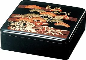 10セット 重箱 1段 6.5寸 黒松竹梅（外寸19.6cm角 高さ7.5cm）福井クラフト｜ 一段重 一段重箱 お重箱 お正月 正月 おせち おせち重 行楽重 オードブル お節 お花見 ランチボックス 運動会 漆塗り 漆 漆器 業務用 日本製