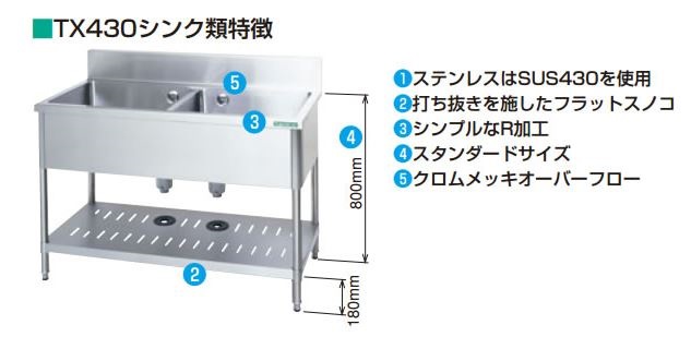 大好評です 新品 タニコー<br>1槽シンク 台付 TRE-1SB-1045NB バック