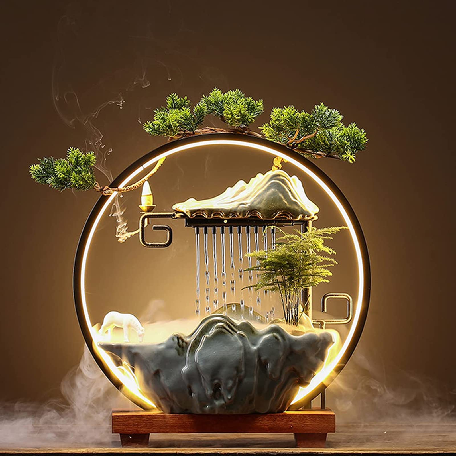卓上噴水 屋内噴水 霧 LED 日本の屋内噴水 瞑想用 逆流香付き 人工植物 風水 装飾 幸運 富