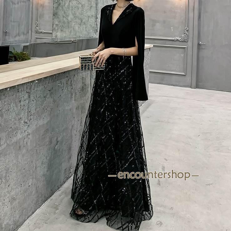 おしゃれロングドレスパーティードレス個性的袖ありVネックカシュクール結婚式二次会お呼ばれフォーマル演奏会発表会かっこいい おしゃれ ロング ドレス パーティードレス 個性的 黒 袖あり