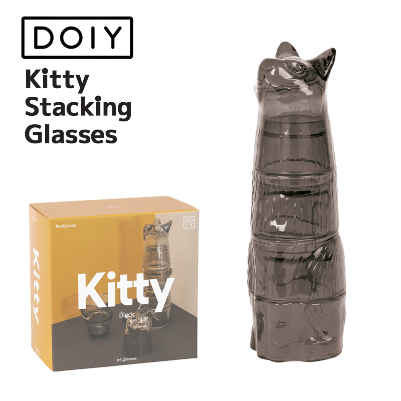 キティ スタッキング グラス ブラック 4個セット Kitty Stackable Glass Black 積み重ね可 猫 キャット ネコ モチーフ 贈り物 ギフトボックス入り スペイン H0026BLK DOIY ドーイ画像