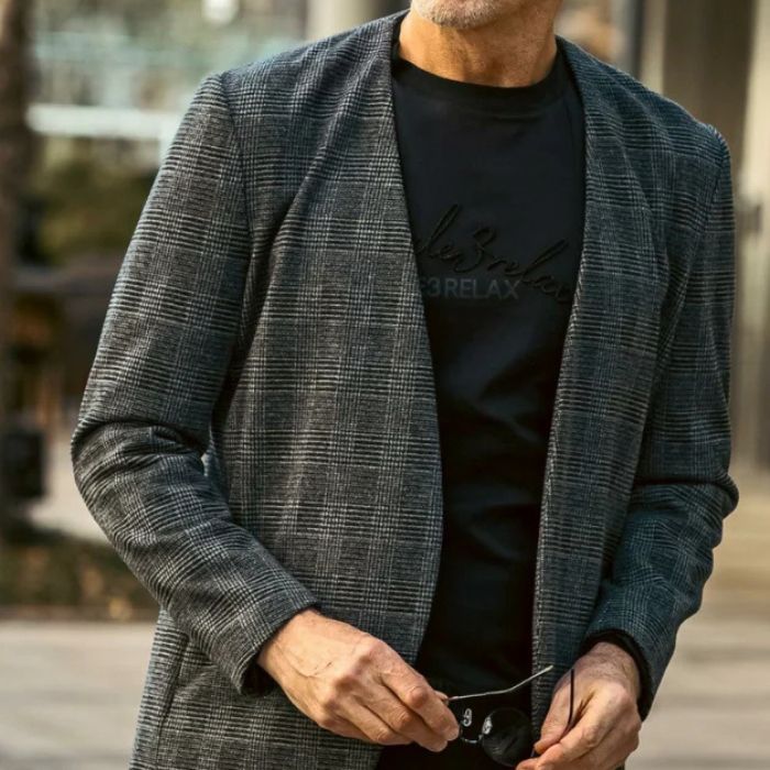 1PIU1UGUALE3 RELAX GLEN CHECK COLLARLESS JACKET ウノピゥウノウグァーレトレ リラックス グレン チェック カラーレス ジャケット｜SANTE&rsquo; et NOEL