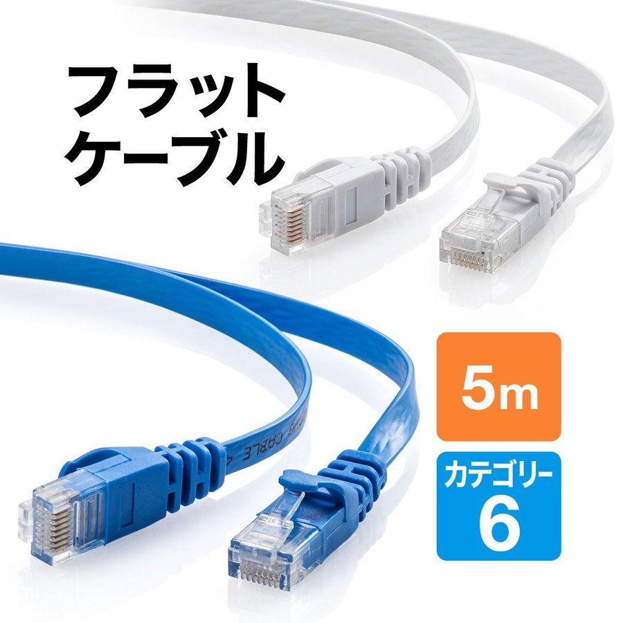 サンワサプライ LANケーブル カテゴリ6A フラットタイプ 5m（ホワイト）  KB-FL6A-05W