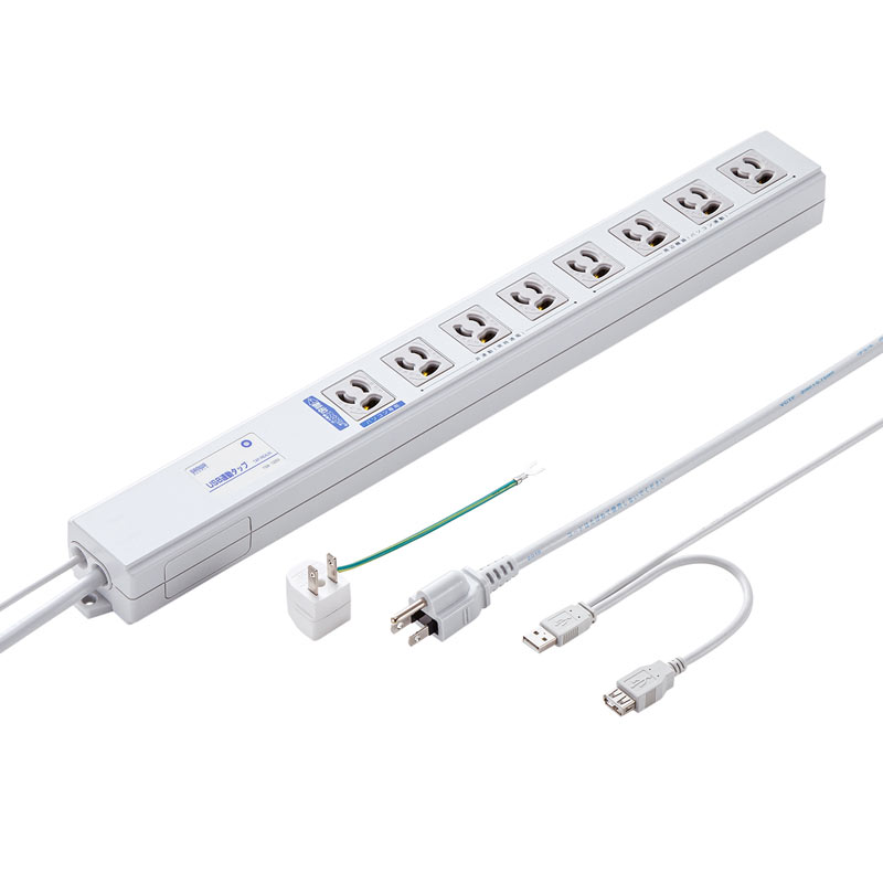 電源タップ 雷ガード マグネット 8個口 2m 3P 抜け止め USB連動機能(パソコン連動口×1/連動口×4/常時通電口×3) 3P/2P変換アダプタ付 PSE アース端子 ホワイト TAP-RE4UN