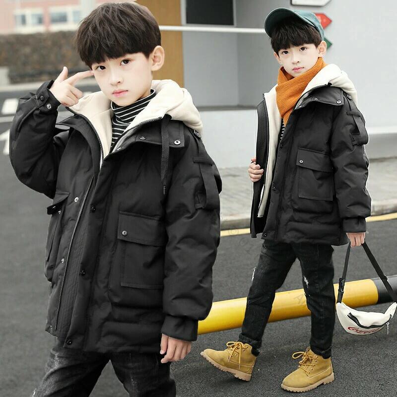 キッズ アウター 男の子 フード付き 中綿コート ダウンジャケット 秋冬 防寒冬服 防風 子供コート ロングコート 子供服 暖かい カジュアルコート 子供用 ジュニア服 男児 120 130 140 150 160 170cm 無地 ブラック 黒 グレー 灰色 上品で高品質なデザインの冬用防寒ジャケッ