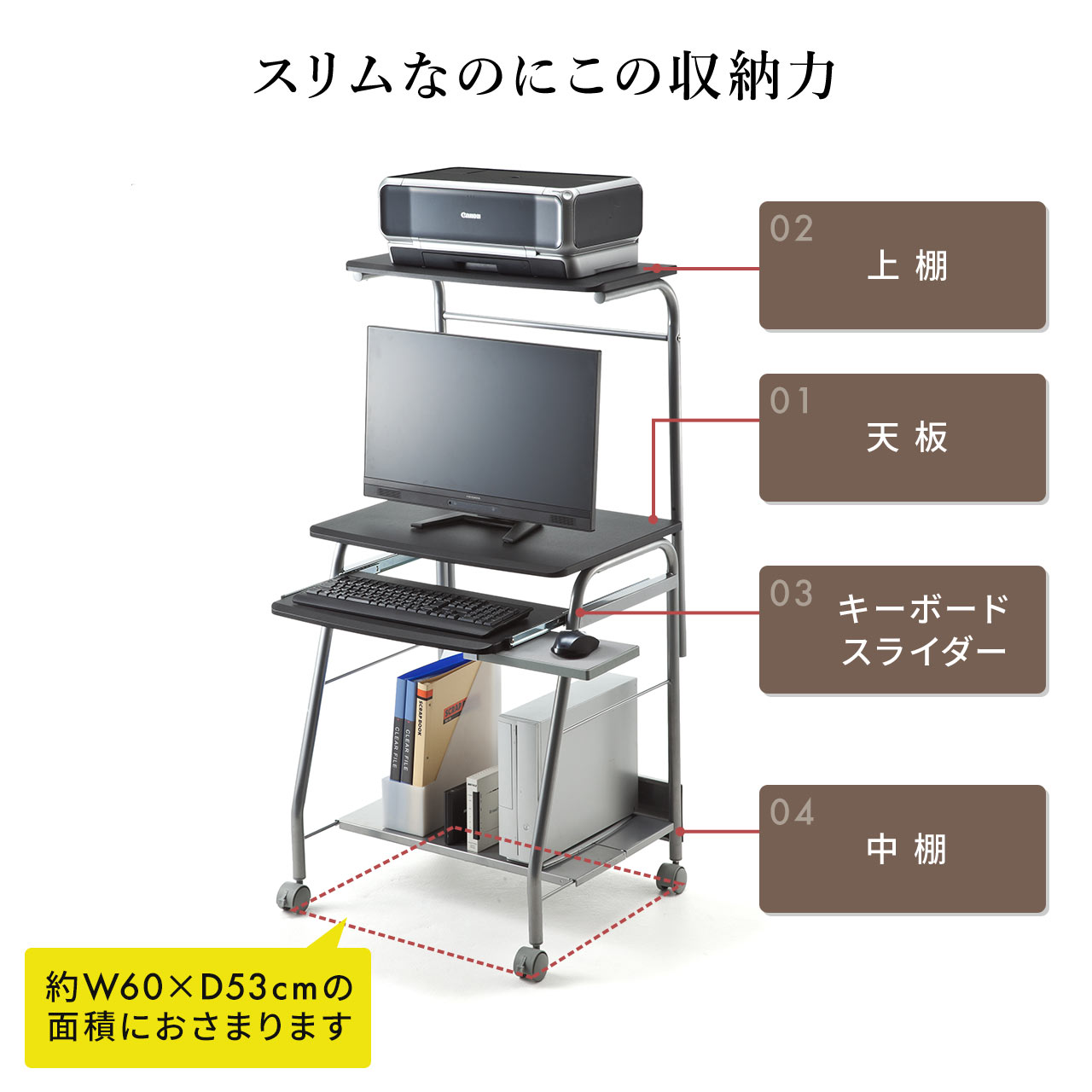 ポイント10倍 パソコンラック 幅60cm 省スペース プリンター台 キーボードスライダー マウステーブル キャスター付き パソコンデスク 100 Desk016 インテリアのルーム エス 新しい到着 Quinoafoods Com