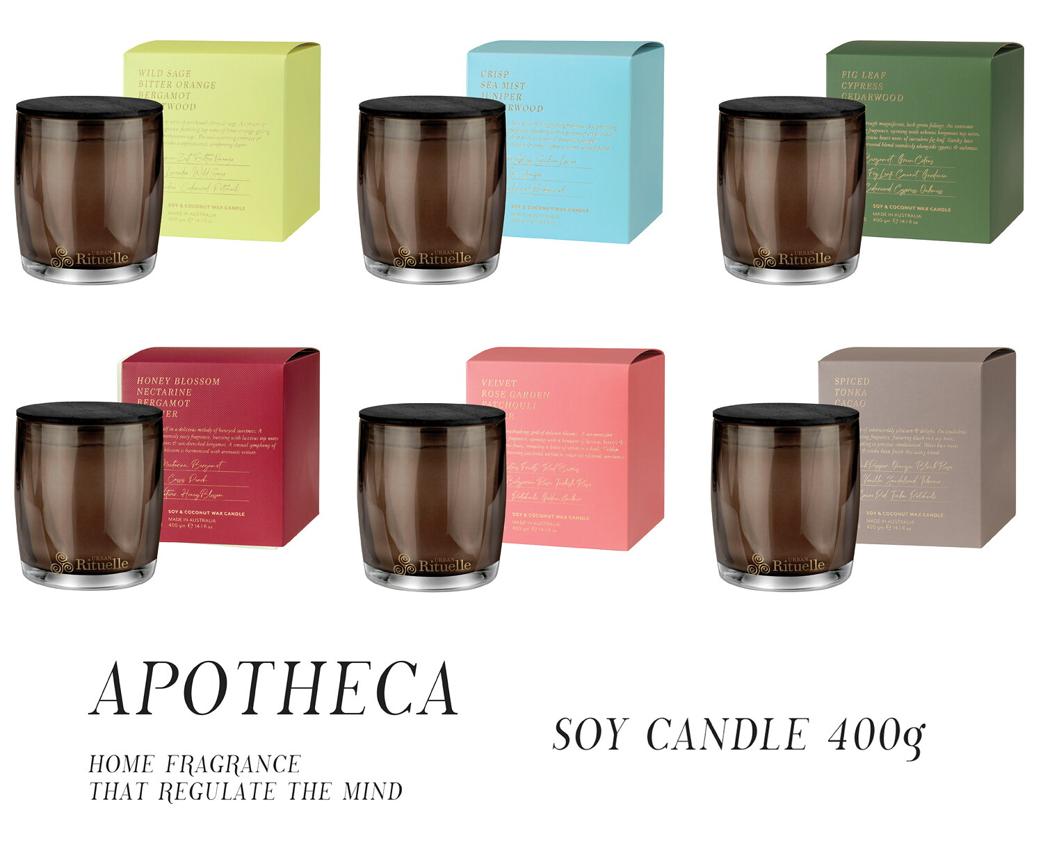 【Urban Rituelle / アーバン リチュエル】APOTHECA アポセカ Soy Candle ソイキャンドル 400g｜ 芳ばしさ ルームフレグランス 飛び切り 部屋の入り口 蝋燭 オーストラリア連邦