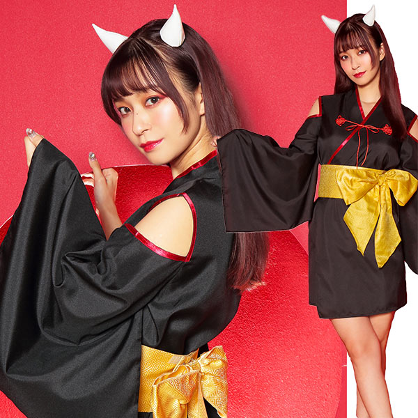 楽天市場 鬼 着物 Ladies ハロウィン コスチューム Halloween コスプレ 衣装 仮装 和装 着物 ミニ着物 ローブ つけツノ 角 セクシー クリアストーン 衣装 変装 かわいい 女性 イベント おもちゃの三洋堂