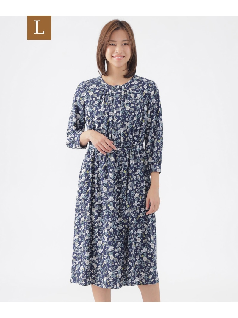 【SALE／25%OFF】【L】【ウォッシャブル】ラインフラワープリントワンピース TRANS WORK サンヨー エルサイズ ワンピース・ドレス ワンピース ホワイト ネイビー【RBA_E】【送料無料】[ Fashion]