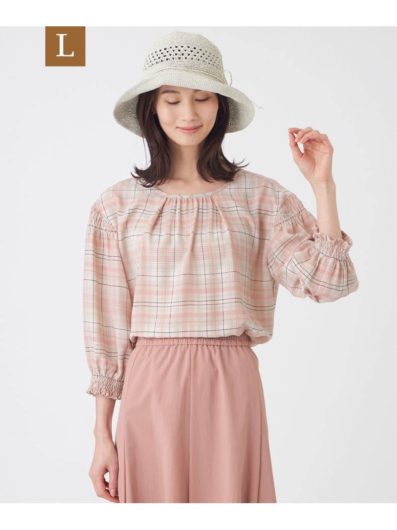 【SALE／45%OFF】【L】【ウォッシャブル】シアーチェックプリントブラウス TRANS WORK サンヨー エルサイズ トップス シャツ・ブラウス ネイビー ベージュ【RBA_E】【送料無料】[ Fashion]｜SANYO SELECT