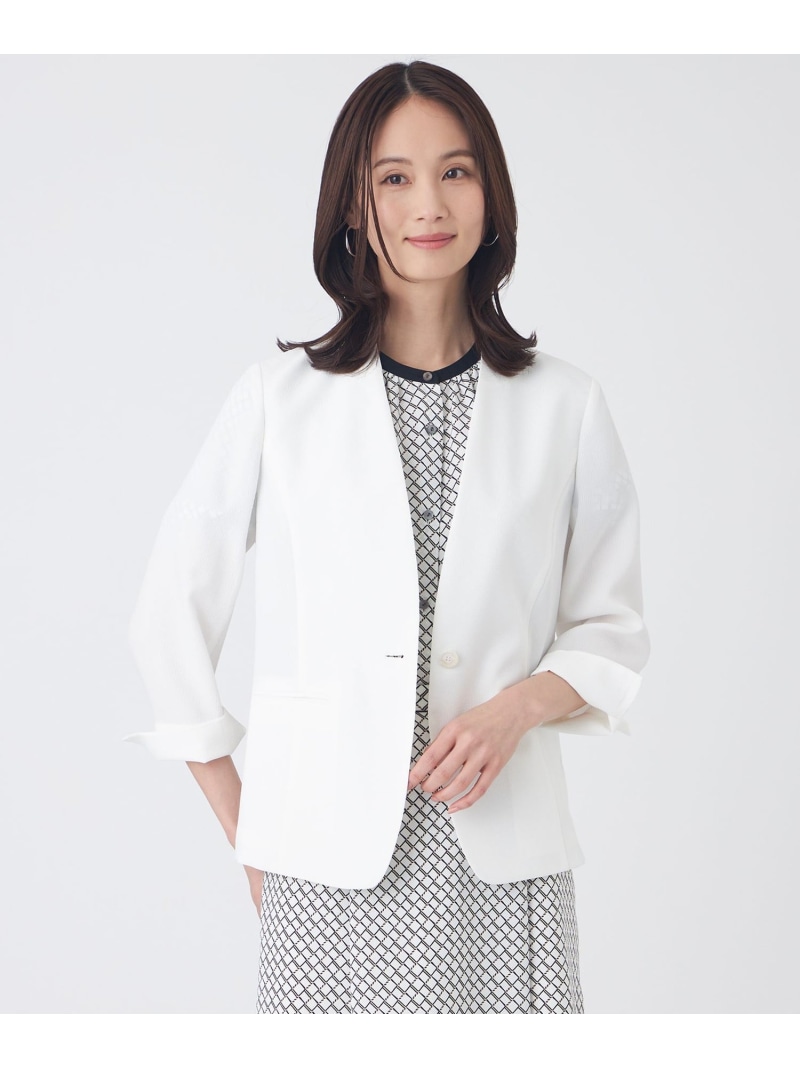 【SALE／16%OFF】【UV対策・着用しわ軽減・ウォッシャブル】エアリーコードレーンノーカラージャケット TRANS WORK トランスワーク ジャケット・アウター ノーカラージャケット ネイビー ホワイト ベージュ【RBA_E】【送料無料】[ Fashion]｜SANYO SELECT