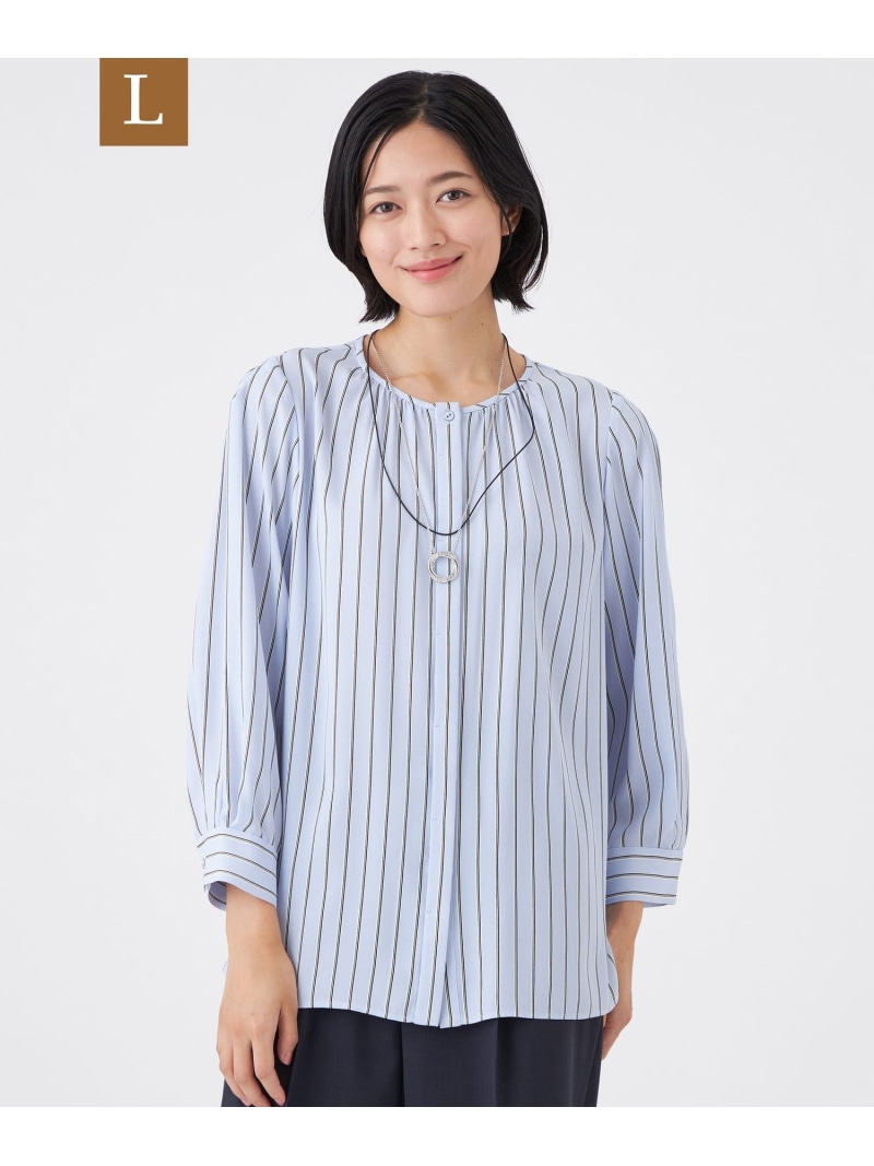 【SALE／48%OFF】【L】【ウォッシャブル】バックサテンストライプブラウス TRANS WORK サンヨー エルサイズ トップス シャツ・ブラウス ベージュ ブルー【RBA_E】【送料無料】[ Fashion]｜SANYO SELECT