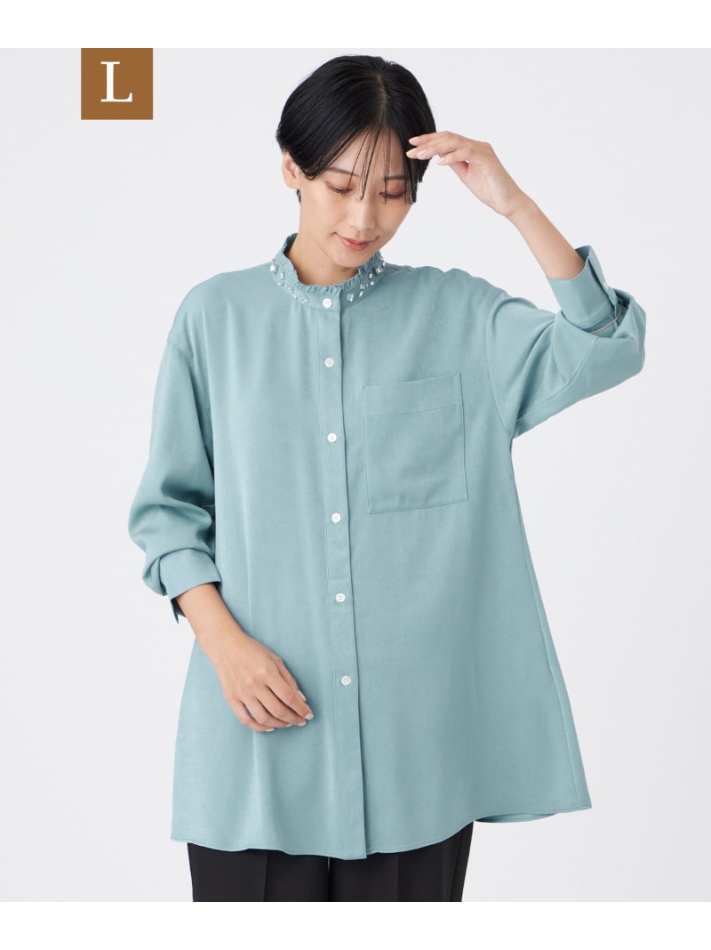 【SALE／54%OFF】【L】【カタログ掲載】フィブリルライクサテンビジューシャツ EVEX by KRIZIA サンヨー エルサイズ トップス シャツ・ブラウス ブルー ネイビー ベージュ【RBA_E】【送料無料】[ Fashion]