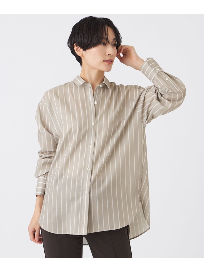【SALE／25%OFF】【L】【マシンウォッシャブル】コットンライクストライプシャツ EVEX by KRIZIA サンヨー エルサイズ トップス シャツ・ブラウス ネイビー ベージュ【RBA_E】【送料無料】[ Fashion]
