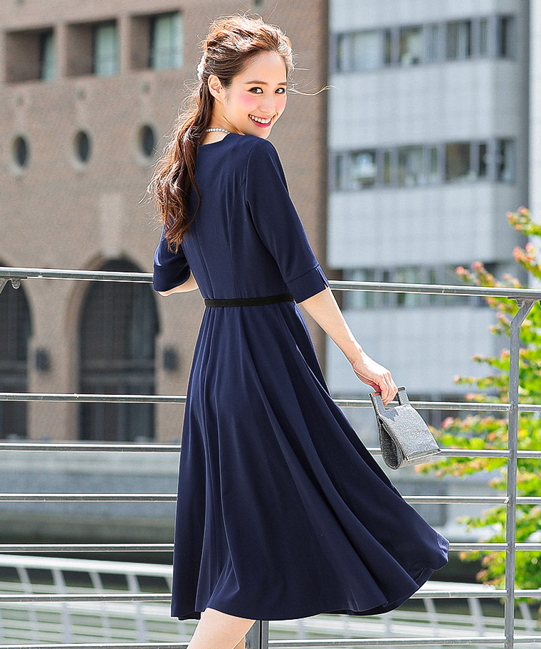 格安即決 楽天市場 結婚式 ドレスワンピース オケージョンワンピース パーティードレス ハイウエスト ベルト付 謝恩会 卒業パーティー 大学生 膝丈 パーティ フォーマル 七分袖 母 ママ 二次会 女子会 お呼ばれ M L Xl 大きいサイズ ネイビー ブラック ピンク 30代 40