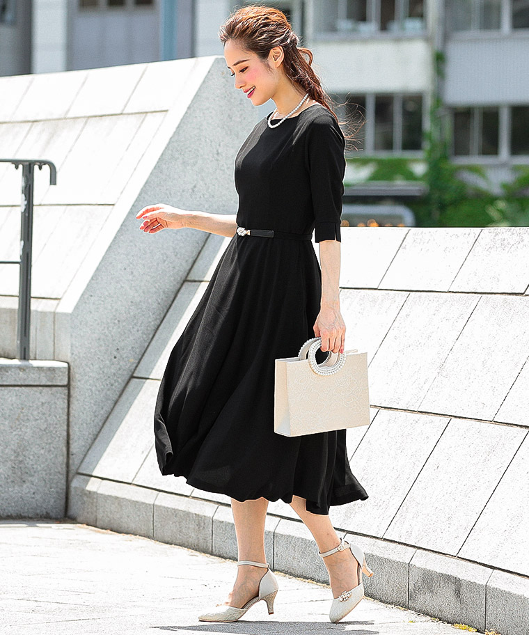 格安即決 楽天市場 結婚式 ドレスワンピース オケージョンワンピース パーティードレス ハイウエスト ベルト付 謝恩会 卒業パーティー 大学生 膝丈 パーティ フォーマル 七分袖 母 ママ 二次会 女子会 お呼ばれ M L Xl 大きいサイズ ネイビー ブラック ピンク 30代 40