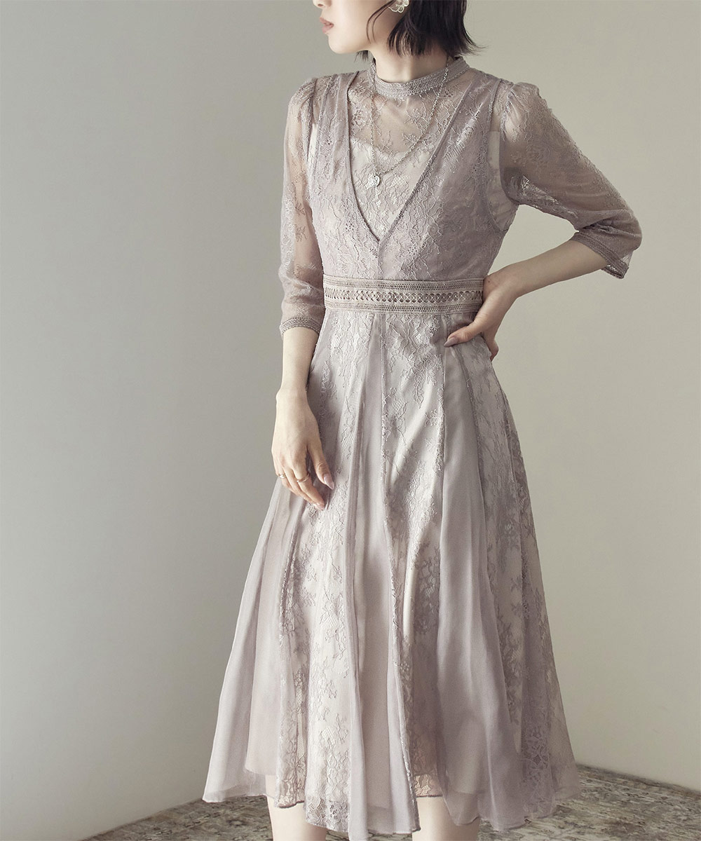 楽天市場 上品な透け感を楽しむ レイヤード レースワンピース ドレス フォーマル レディース 結婚式 1 5次会 二次会 パーティー カジュアル ラッセルレース プリーツ フレア ハイネック 長袖 七分袖 ロング マキシ丈 代 0代 40代 21ss Etoll