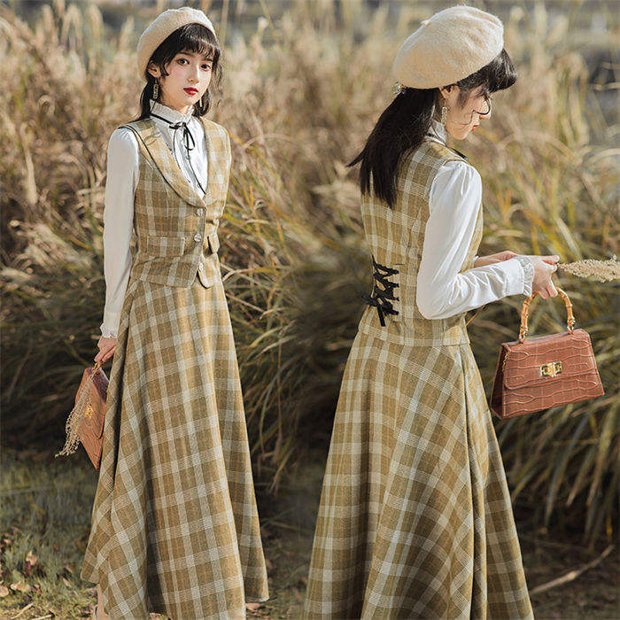 リズリサ ブラウンチェックワンピース　起毛d. i.a柄　秋冬物　森ガール 楽天市場】S M L XL 3点セット シャツ+ベスト+スカート レトロ