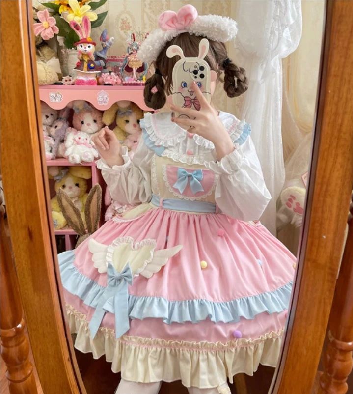 甘いロリータ服 甘ロリ ロリータワンピース ジャンパースカート 長袖ワンピース 可愛いロリータ服 リボン プリンセスライン 大人コスチューム ゴスロリ コスプレ衣装 文化祭 学園祭 ハロウィン衣装 パーティードレス イベント 無地 2色