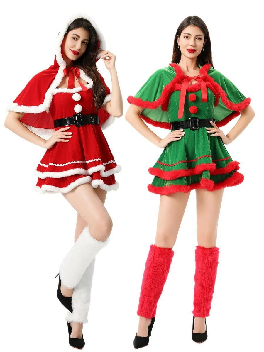 3点セット サンタコスプレ衣装 レディース ワンピース+ケープ+ベルト キャミソールワンピース ふわふわ クリスマス風 可愛い コスチューム仮装 変装 女性 大人 サンタコスプレ セクシー ダンス衣装 クラブ M L XL ハロウィン 欧米風 クリスマスパーティー クリスマスイブ