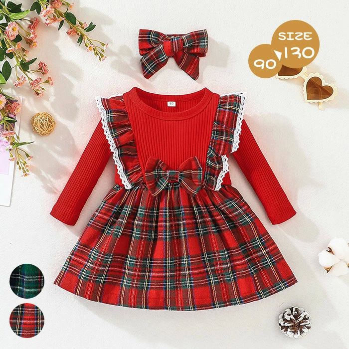 クリスマス ワンピース ベビー 赤ちゃん 長袖 チェック 袖フリル クルーネック ワンピ リボン Aライン ニット クリスマス衣装 女の子 パーティー 可愛い ベビー服 イベント コスプレ ヘアバンド レッド 80 90 100 110cm画像