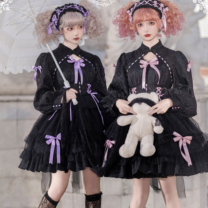 ロリータ ゴシック 長袖 ワンピース ブラック 黒 ふんわり ミディアム ワンピース かわいい ティアード フレア リボン ワンピース ハイウエスト レースアップ ロリータワンピース ゴスロリ 甘ロリ 姫ロリ ワンピース お嬢様 キュート ロリータファション ホワイト ブラック