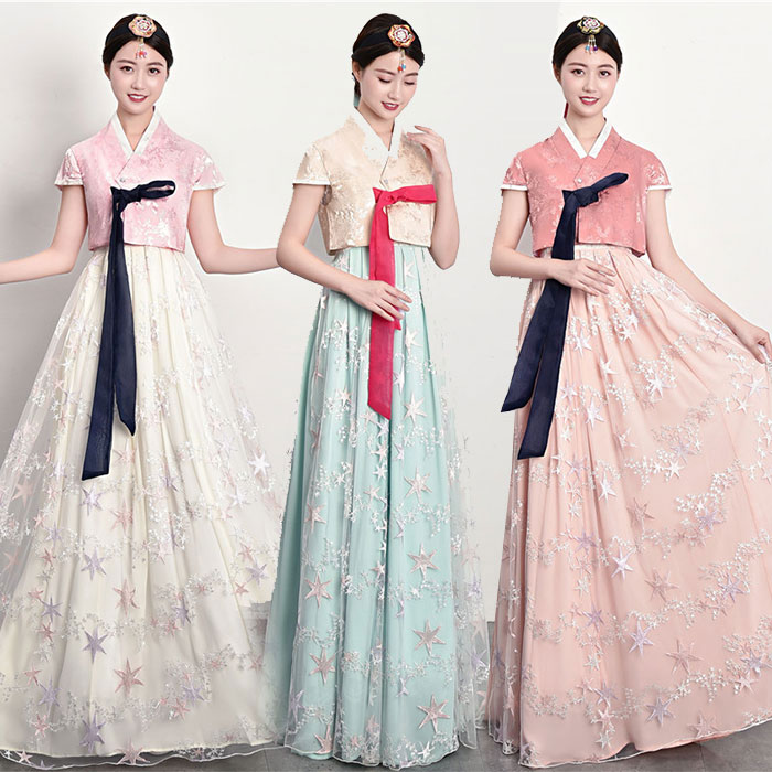 韓国民族衣装 チマチョゴリ 半袖 韓服 全12色 星 刺繍 キラキラ 光沢感 華やか ウエディングドレス 結婚式ドレス 二次会ドレス 学園際 文化際 イベント服 コスプレ 仮装 舞台 ステージ 衣装