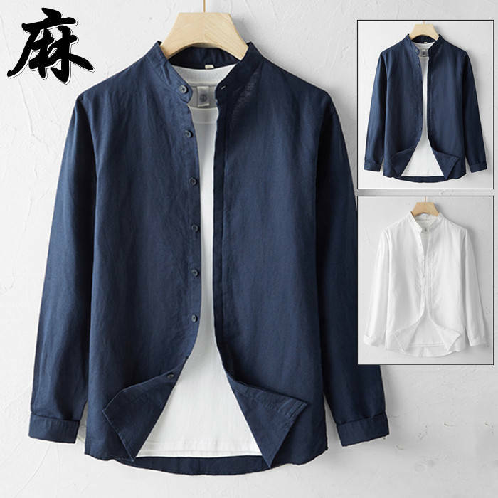 リネンシャツ 長袖シャツ メンズシャツ 立ち襟 ゆったり カジュアルシャツ 麻シャツ スタンドカラーシャツ 春服 夏服 秋物 薄手 涼しい トップス
