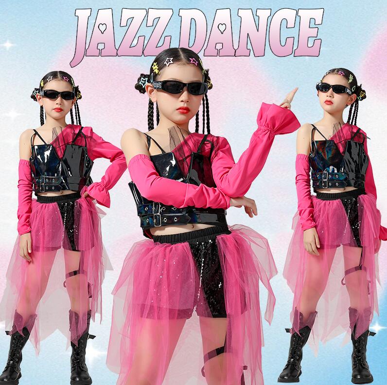 女の子 ダンス 衣装 セットアップ ジャズダンス ヒップホップ 演出服 子供 スパンコール ダンス衣裳 チュールパンツ 肩袖Tシャツ レザーベスト かっこいい 演出服 4点セット ピンク