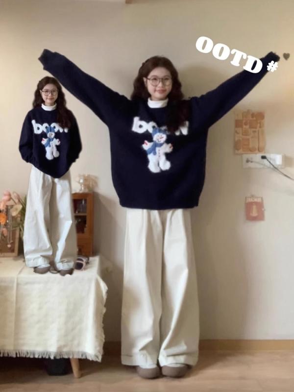 ニット レディース 秋冬 丸首 ゆったり かわいい 雪だるま セーター プリンセススリーブ 赤 紺色 ふわふわ 柔らかい 雪尼ール プルオーバー トップス