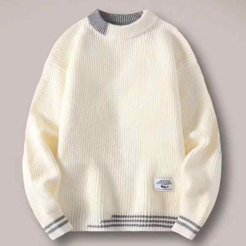 ニット メンズ 男性用 ルーズフィット セーター 秋冬 厚手 学生 トップス レトロ 切り替え バイカラー コットン混紡 ミルクホワイト グレー ブラック ダークブラウン