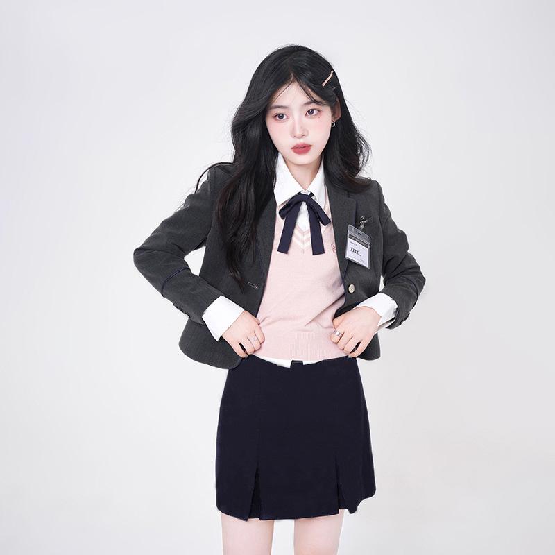 制服 レディース ピンク系ニット 韓国風 スクールウェア セットアップ スーツ ジャケット 秋冬 トップス ミニスカート プリーツスカート