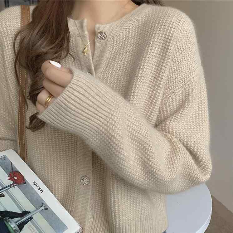 ニット カーディガン レディース 韓国風 ニット トップス ゆったりサイズ 杏色 ピンク イエロー パープル ライトブルー ブラック ホワイト ワインレッド ラウンドネック 長袖 ボタン留め 普段使い デート
