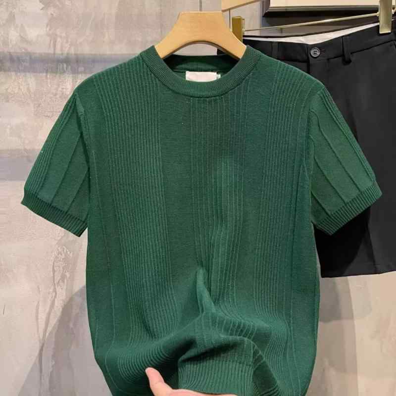 Tシャツ メンズ 半袖 無地 ストライプ サマーニット トップス カットソー 丸首 ビジネス 紳士 男性用 接触冷感 カジュアル リラックス ウェア ポリエステル グリーン ホワイト ブラック ピンク系