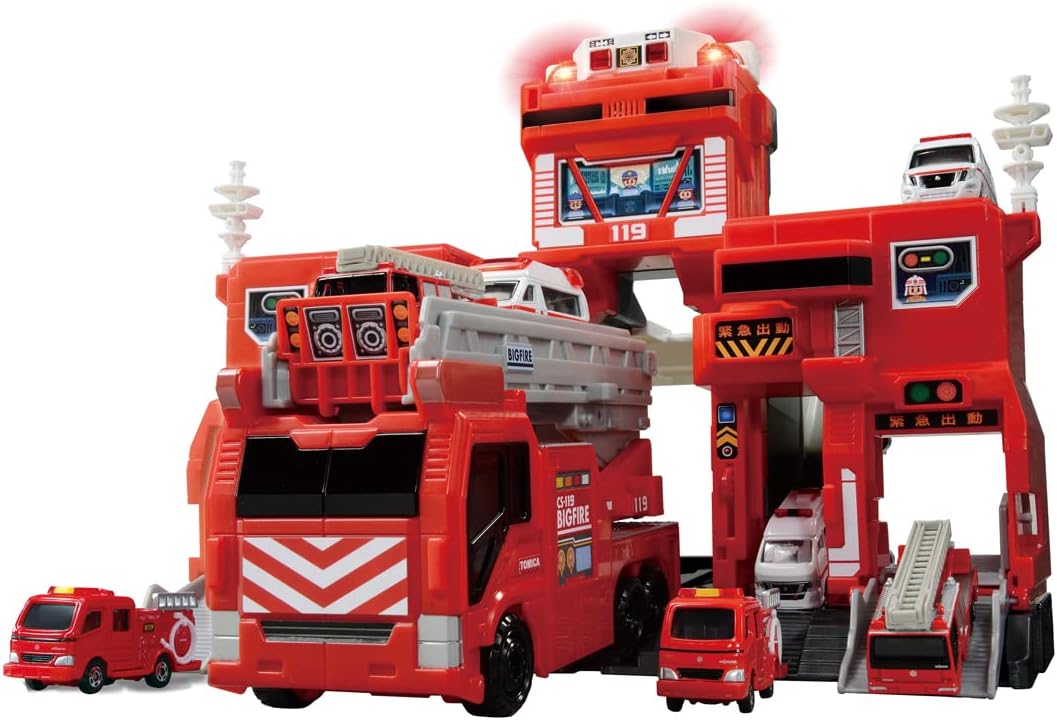 新品 訳あり トミカ うつり変わり出動 ! ビッグファイヤー \u0026 命令することステイション 外箱に痛みあり