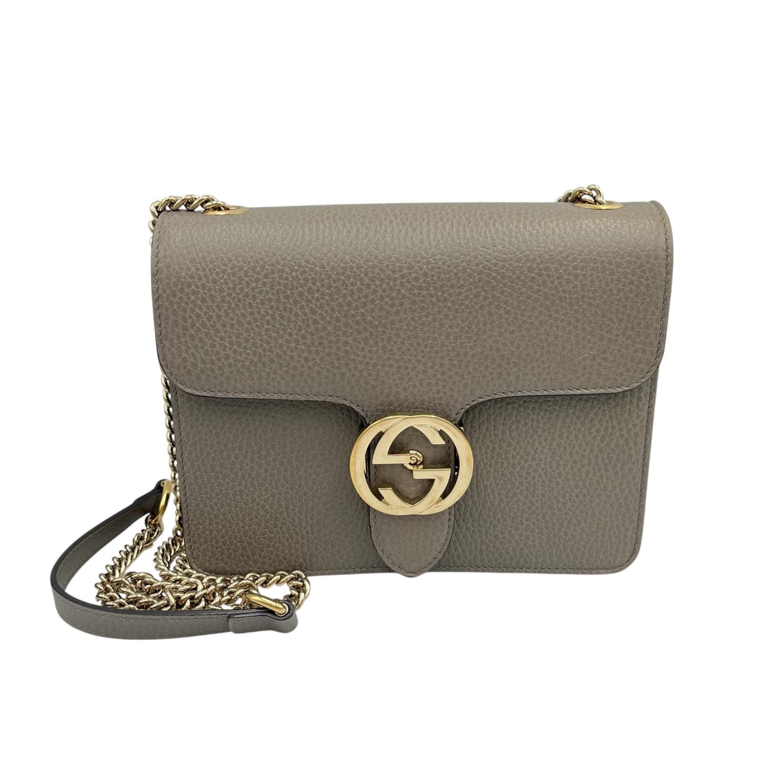 グッチ GUCCI ショルダーバッグ インターロッキングG チェーン レザー グレー系 レディース