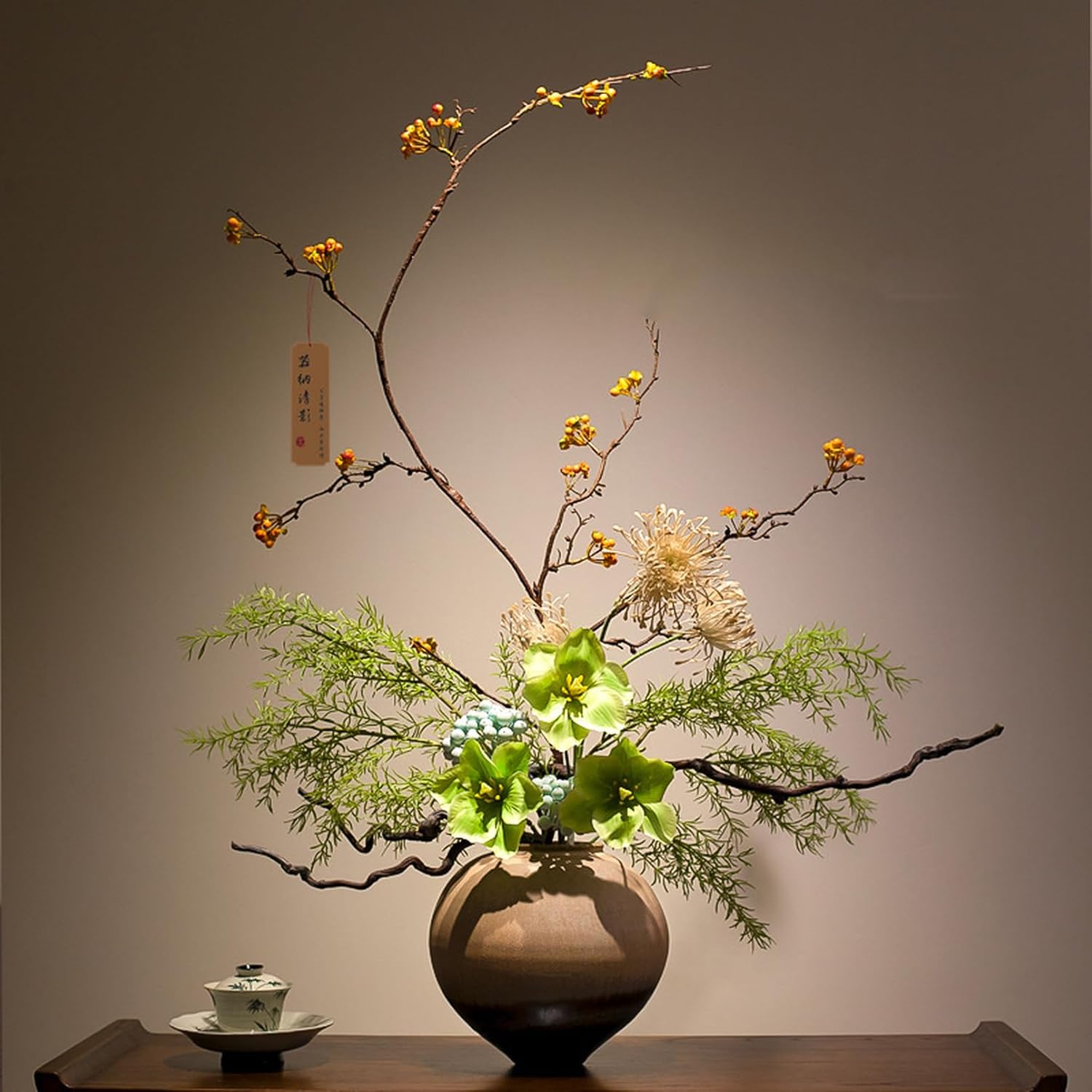 新中式風 フェイクグリーン 卓上 人工観葉植物 花瓶付き 枯れない テーブル 観賞用 オフィス カフェ 事務所 フラワーアレンジメント F インテリアグリーン 引っ越祝い 新築祝い 繊細な葉 フェイク｜サステナライフ