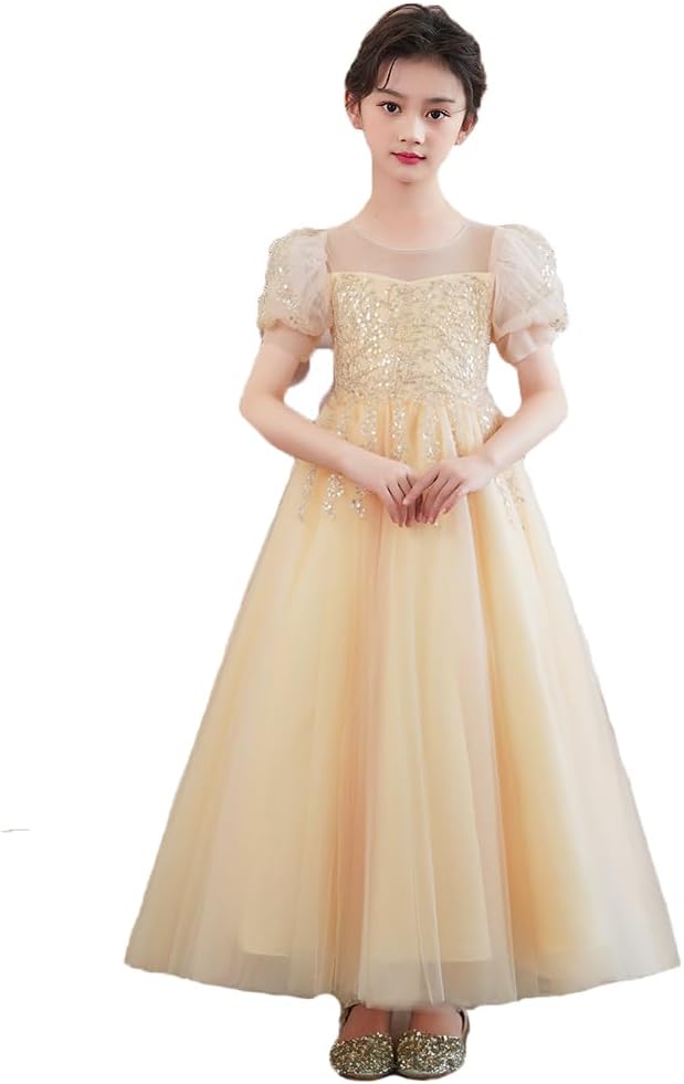 子どもドレス 女の子 フォーマル 発表会 結婚式 子供服110 120 130 140 150 160cm オーガンジー ロング ワンピース フラワーガールシャンパン