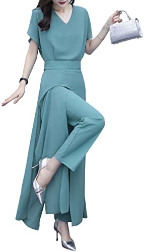 セットアップ パンツスーツ 上下セット ワイドパンツ スーツ レディース 半袖 シフォン ハイウエスト 薄い カジュアル シンプル エレガント ファッション 通勤 お呼ばれ 二