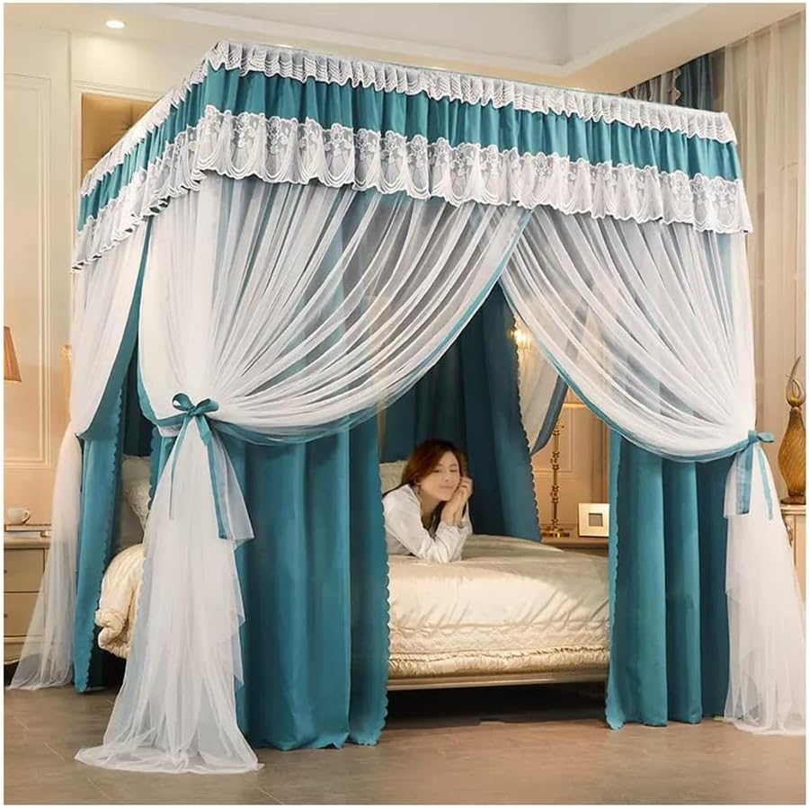 天蓋 1.2M/4FT 二層刺しゅうレースベッドキャノピー蚊屋、臥し所用のローマン的なかざり付ける寝台引き幕、金属元素鉤括弧付き添い人 (Color : Blue  Size : 120X200X200コマーシャル)