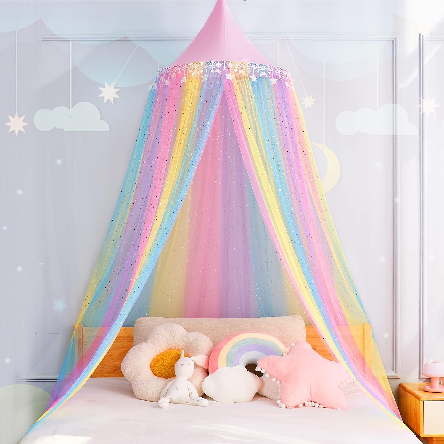 レインボーベッドキャノピー 女の子用 シャイニー キッズ プリンセス ラウンドドーム ベッドカーテン 星月グリッター付き キッズベビーベッドキャノピー プレイテント キャノピー 夢のようなベッドネット｜サステナライフ