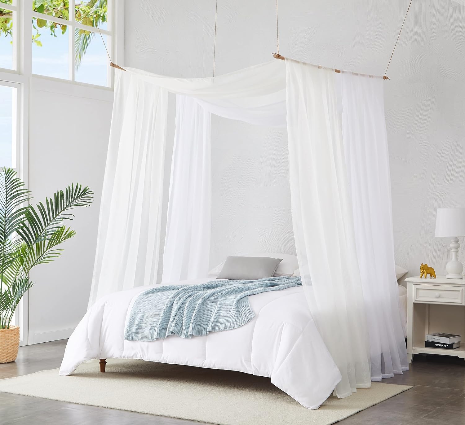 白いこと\u0026ベージュ キャノピーベッドカーテン 2枚仕掛ける 55 x 360in (30フート) 大きさ キングベッドキャノピーカーテン2枚 キッズベッドテントまたは臥榻
