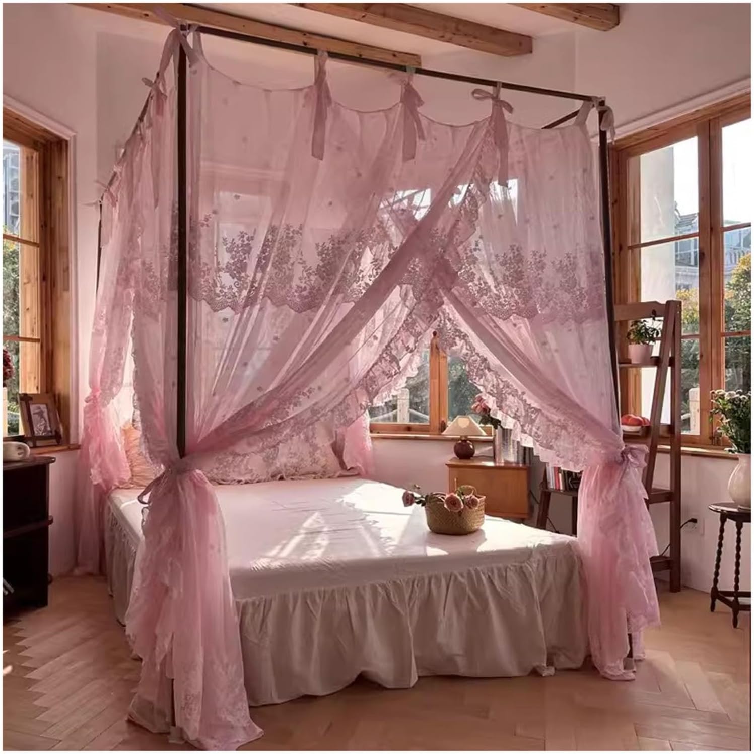 天蓋付き添い人臥榻覆い布 フレンチホームベッドキャノピーカーテン 据え置き鉤括弧付き添い人 第一人者、皇后陛下、盛りだくさん臥榻、ツイン臥榻用 4コーナーポストベッドカーテン 臥し所のかざり付ける用 (Color : S
