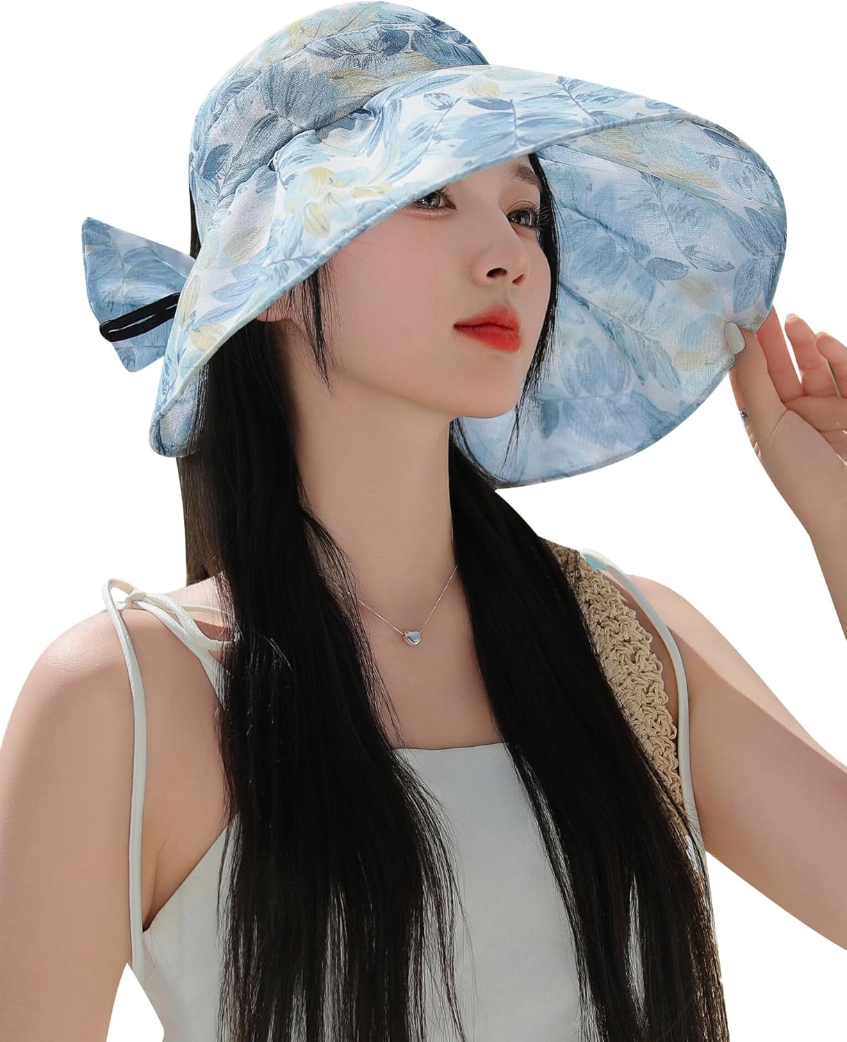 レディース UVカット帽子 夏 バケットハット つば広 バイザー 日よけ防止 小顔効果 リボンデザイン 折りたたみ あご紐付 お洒落 アウトドア用 自転車用 ビーチ 56-58cm