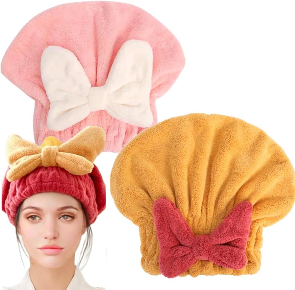 超吸収性ヘアタオルラップ 濡れた髪用 マイクロファイバー ヘアドライキャップ ソフト 吸収性 速乾 キャップ カーリー 太い髪用 速乾ヘアターバン ラップキャップ ガールズ レディース (イエロー+ピ