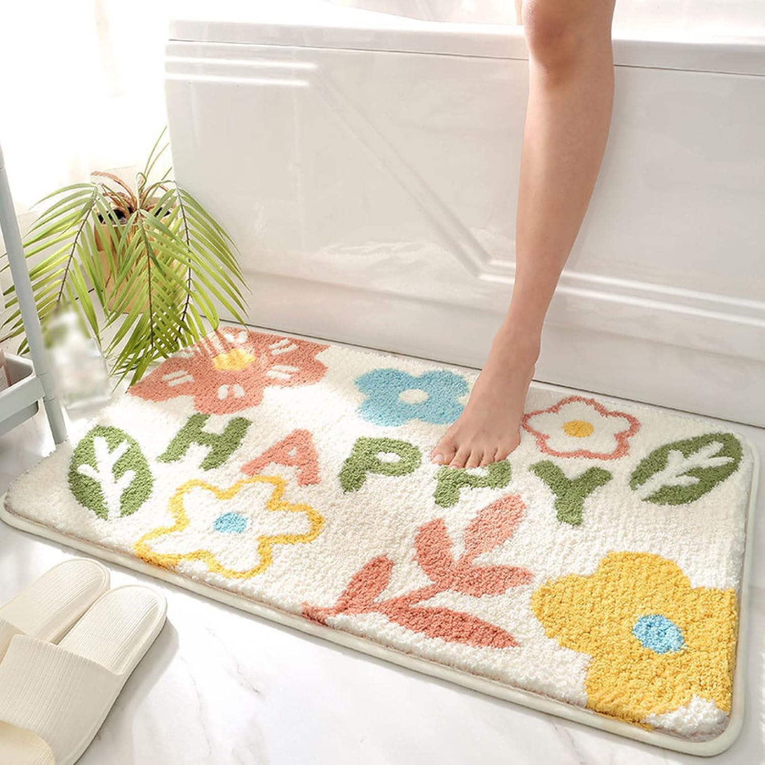 花柄 玄関マット バスマット 屋内 50*80cm 室内 洗面所 バスルーム 用 吸水 滑り止め 付き ホワイト シャギーマット 少女風 カラー プリンセス風 かわいい 素敵な きれいな フラワーデザ|サステナライフ