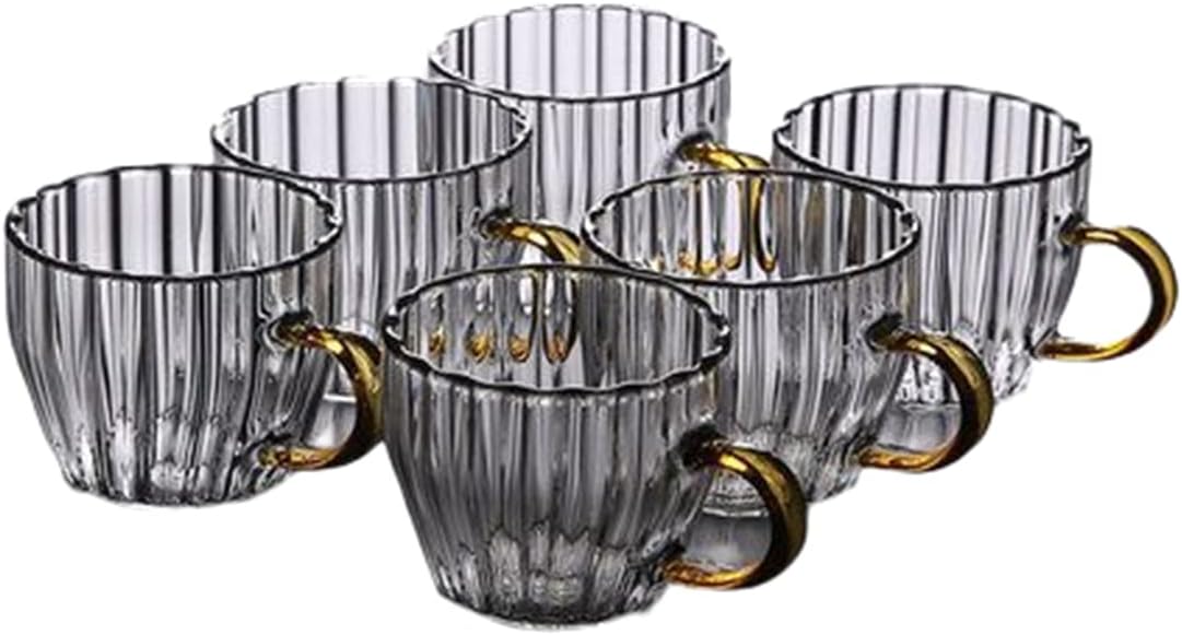 コーヒーカップ マグカップ ティーカップ クリアガラス 湯呑み 耐熱ガラス ガラスコップ 透明 茶こし 紅茶 ポット 食洗機対応 115ml (イエロー取っ手/6個セット)